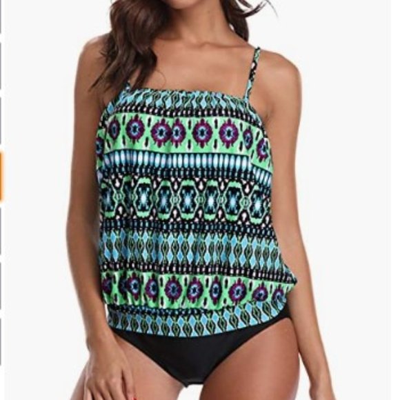 Chenghe Women's Bandeau Blouson Tankini Top High Waisted  Bottom two pieces - Picture 1 of 10